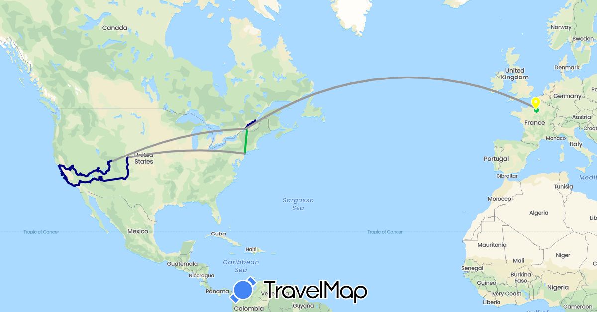 TravelMap itinerary: driving, bus, plane, hiking, taxi in Canada, France, United States (Europe, North America)